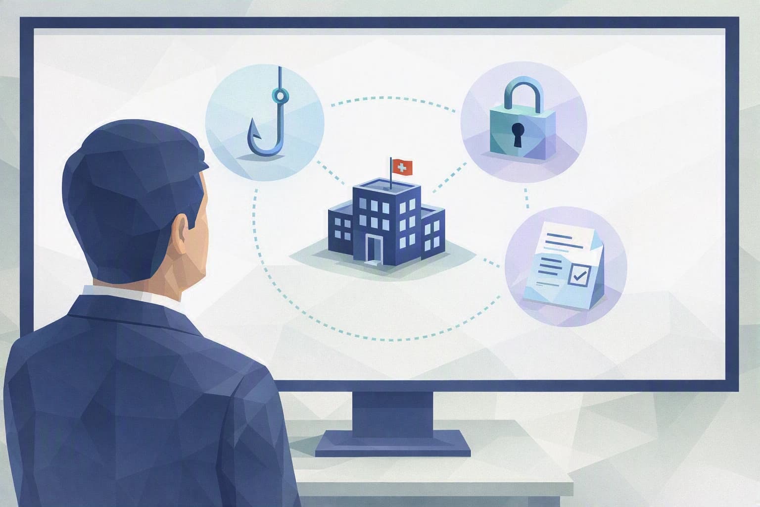 Eine KMU-Inhaberin betrachtet einen Bildschirm mit den wichtigsten Bedrohungen rund um ein kleines Schweizer Unternehmen: Phishing, Schloss, gefälschte Rechnung