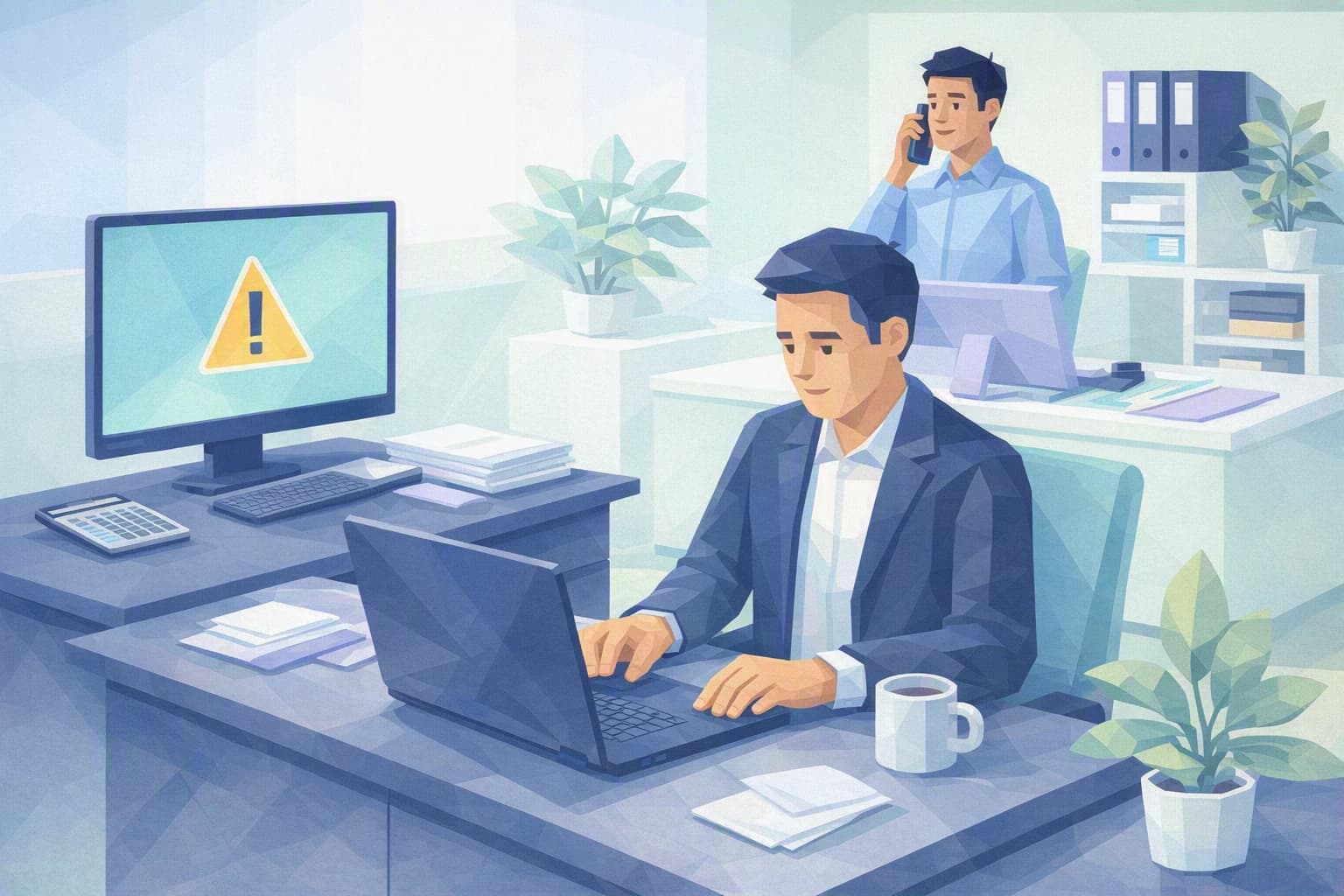 Ein kleines Treuhandbüro arbeitet trotz einer kleinen IT-Störung weiter, die Leiterin nutzt einen Ersatz-Laptop
