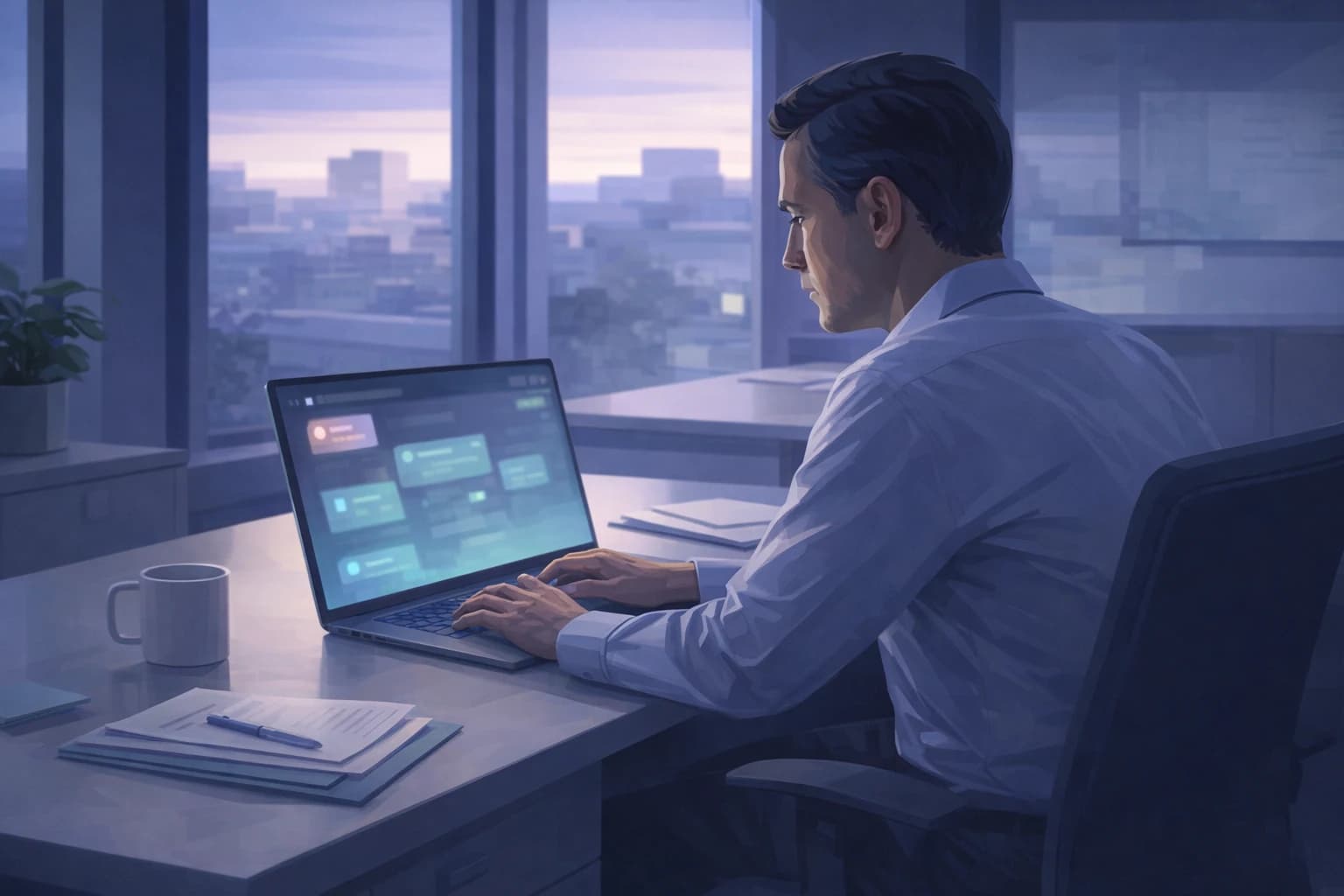Illustration: Eine KMU-Geschäftsführerin erhält eine Sicherheitswarnung auf ihrem Bildschirm und greift zum Telefon, um zu reagieren
