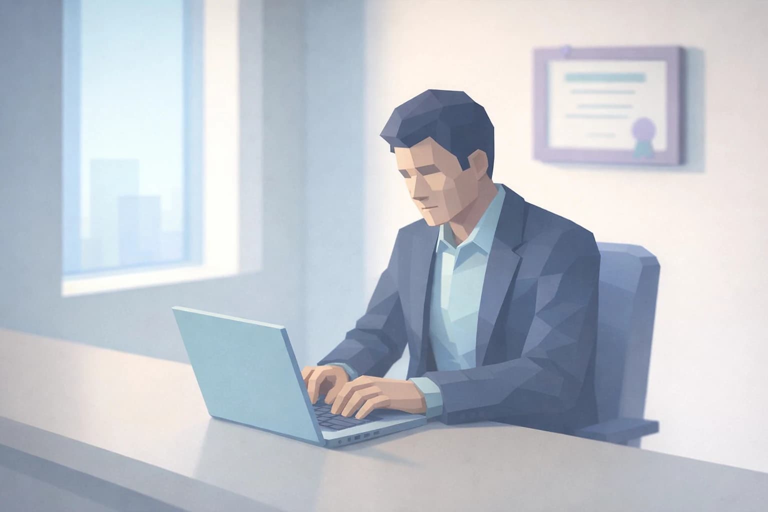 Illustration: eine KMU-Leiterin vor einer verdächtigen E-Mail, im Hintergrund eine ausgesteckte Backup-Festplatte