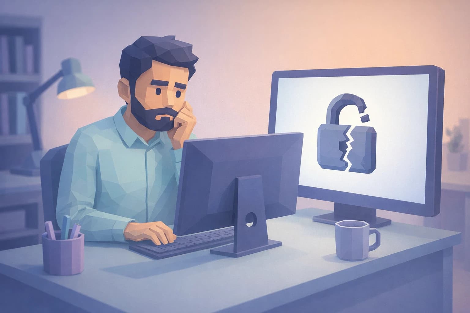 Illustration: ein Schweizer KMU zwischen verbreiteten Cybersicherheits-Irrtümern, gefangen zwischen falscher Sicherheit und realen Bedrohungen.