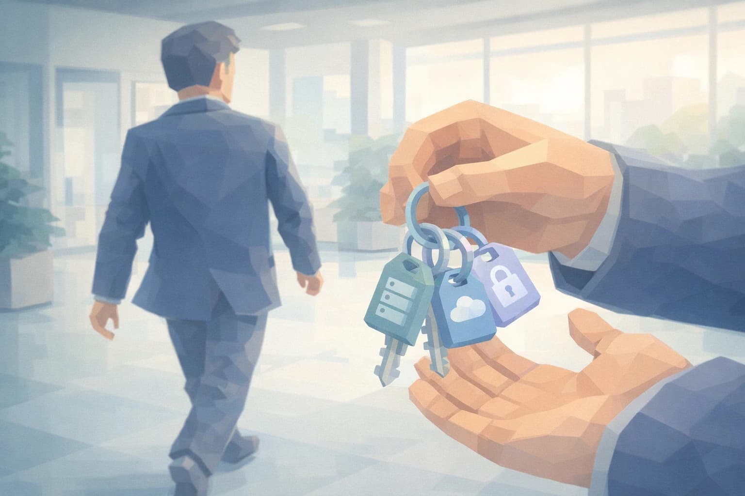 Illustration: Eine Treuhand-Partnerin liest eine verdächtige E-Mail noch einmal, während die IT-Sicherheit auf einem externen Dienstleister ruht.