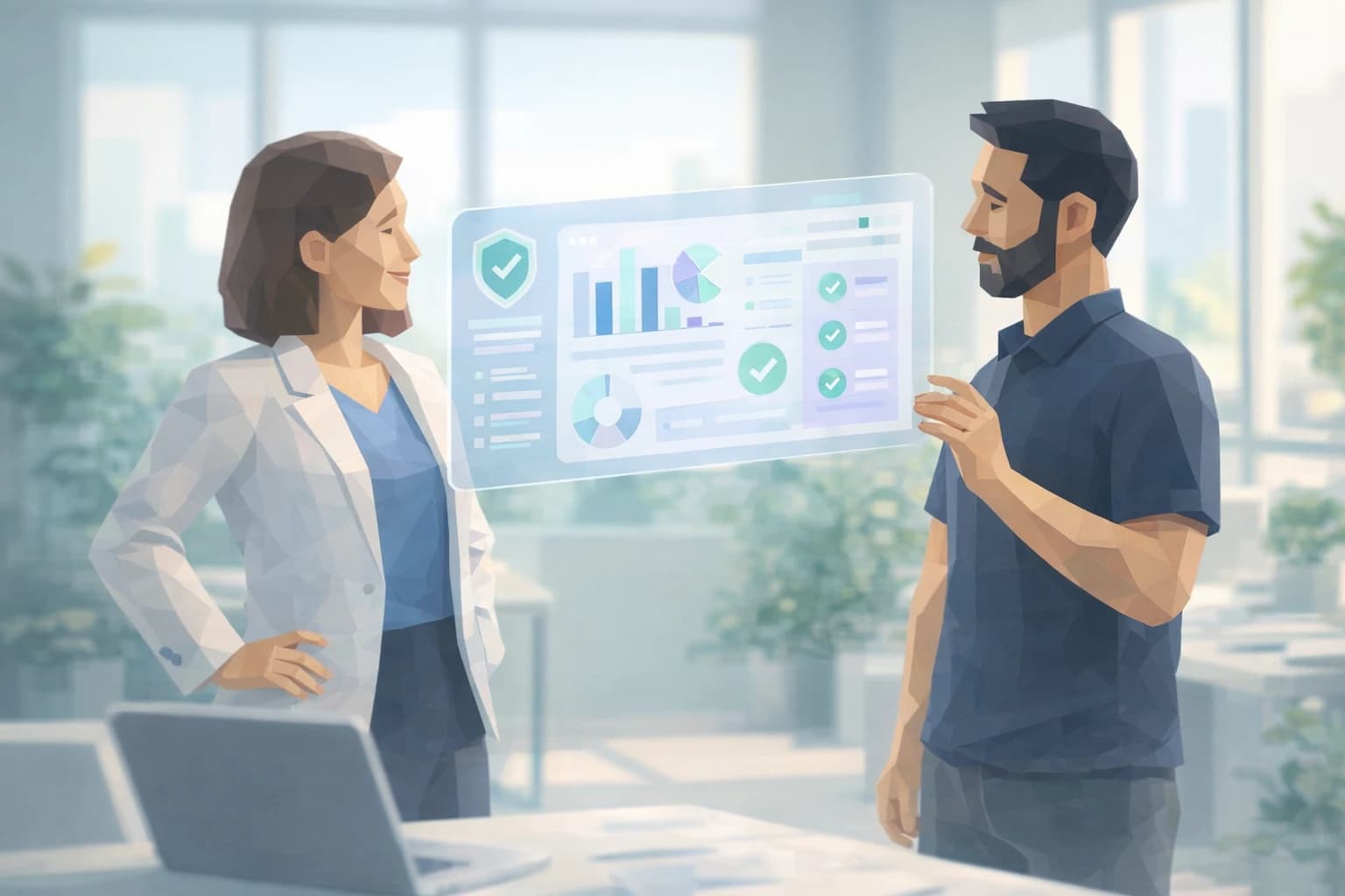 Illustration: an SME manager shows a client a clear overview of the firm's security posture