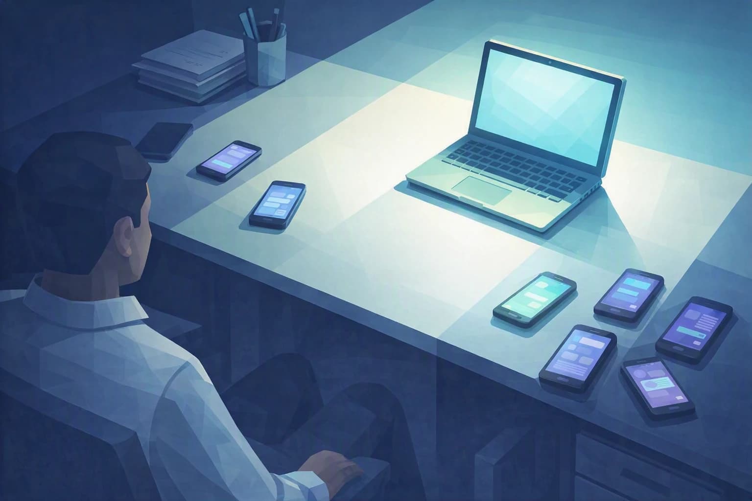 Ein Schreibtisch zwischen Licht und Schatten: ein freigegebener Laptop im Licht, private Handys und inoffizielle Apps im Halbdunkel