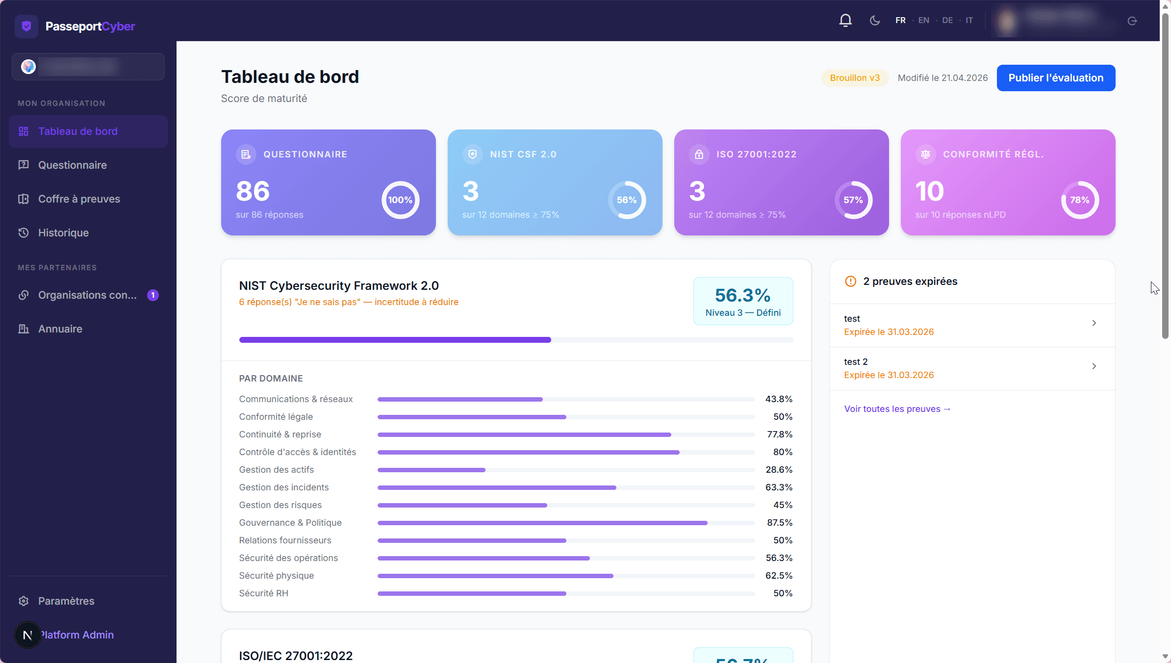 CyberPassport Dashboard: Reifegrad-Score pro Framework und Fortschritt nach Bereich