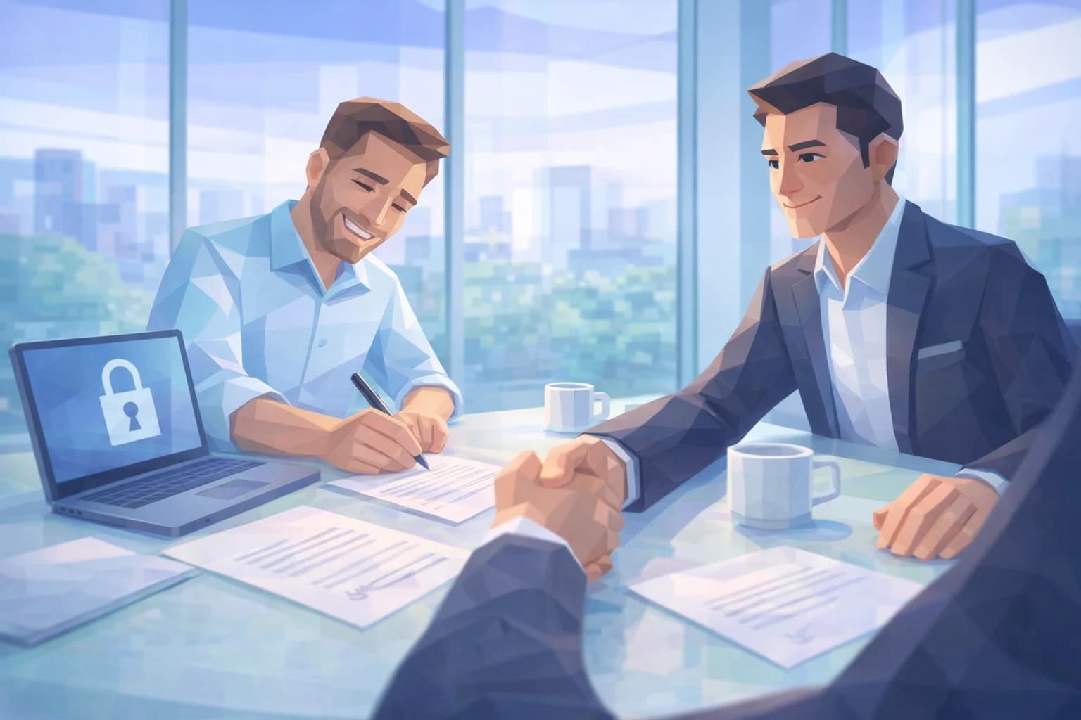 Illustrazione: una stretta di mano tra una titolare di PMI e un cliente, sullo sfondo dossier protetti da un lucchetto