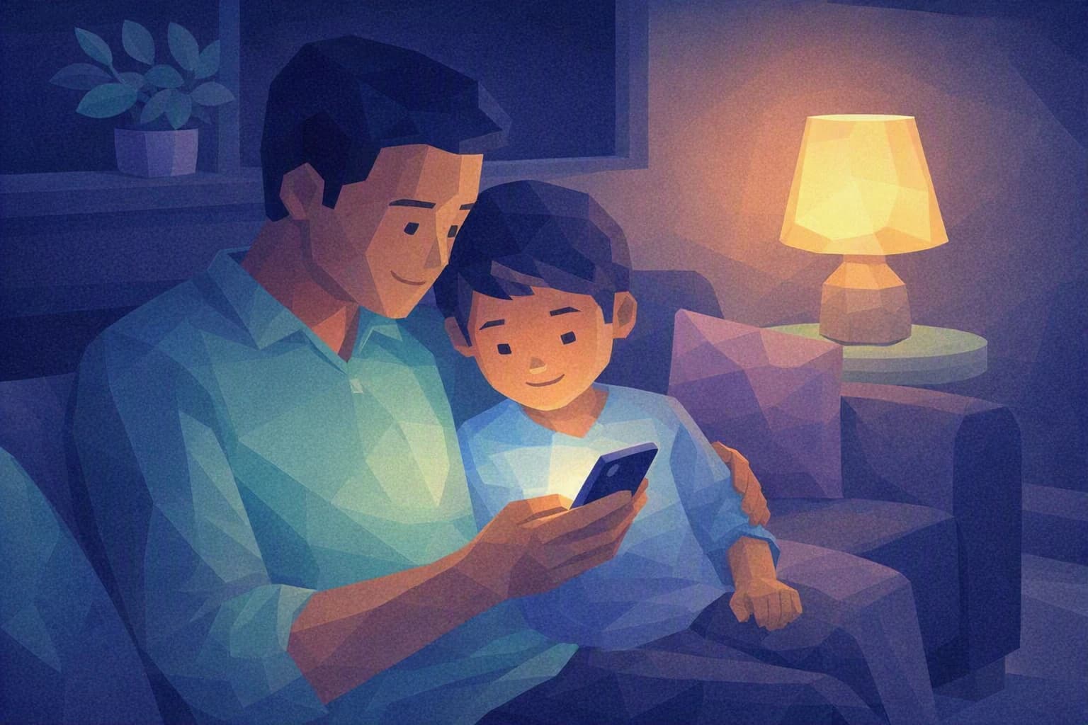 Un parent et un enfant à la maison, le soir, regardent ensemble un smartphone pour en régler les options de sécurité