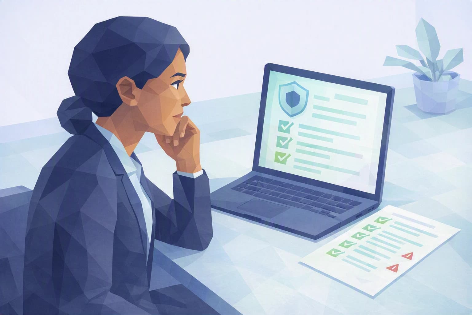 A small-business owner reviews a security self-assessment on her laptop, a checklist with some items ticked and others flagged