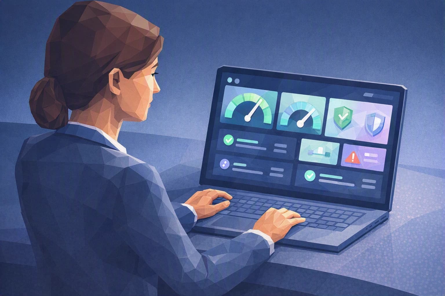 A small-business owner reads a simple security dashboard with a few clear gauges on her laptop