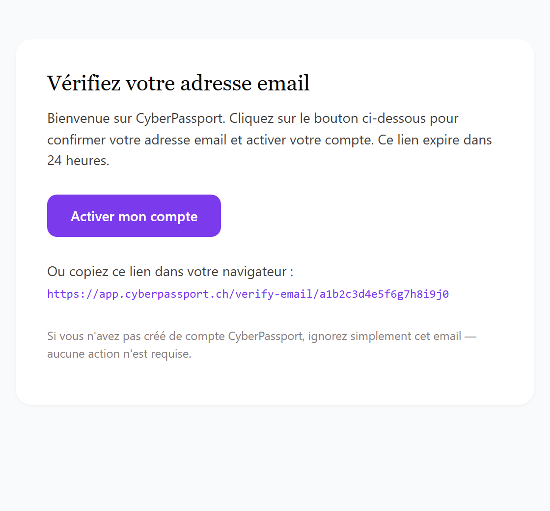 Email de vérification CyberPassport avec le bouton « Activer mon compte »