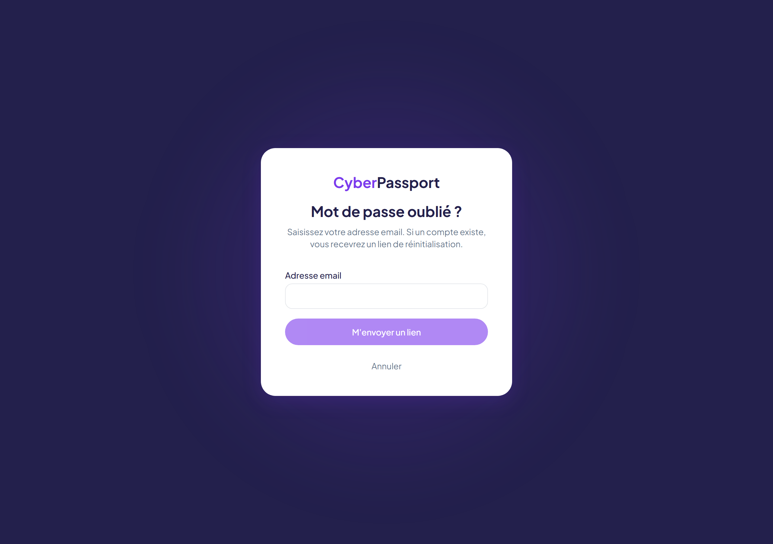 Page « Mot de passe oublié » avec le champ email