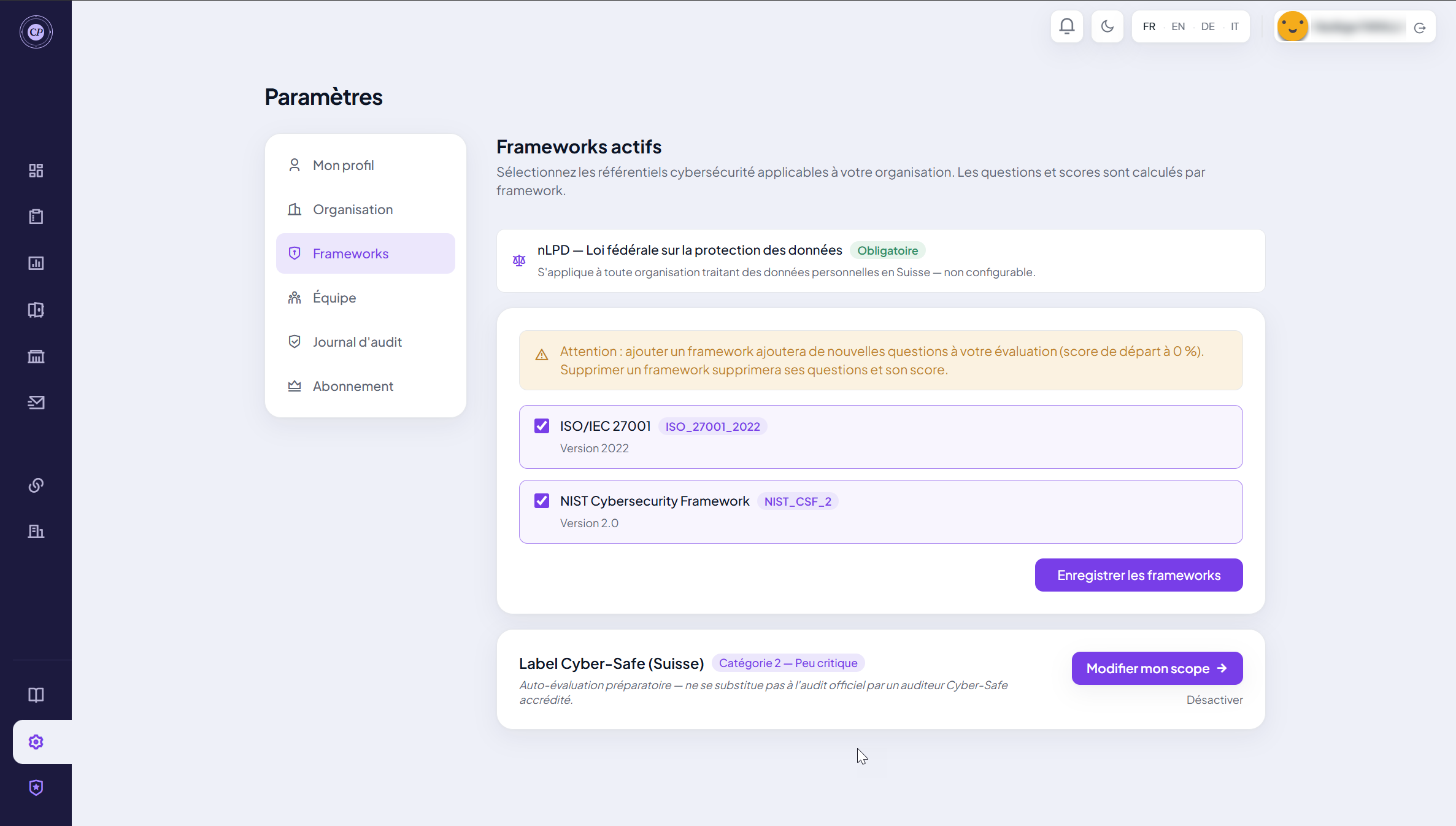 Framework-Konfiguration mit aktiviertem NIST CSF 2.0 und ISO 27001