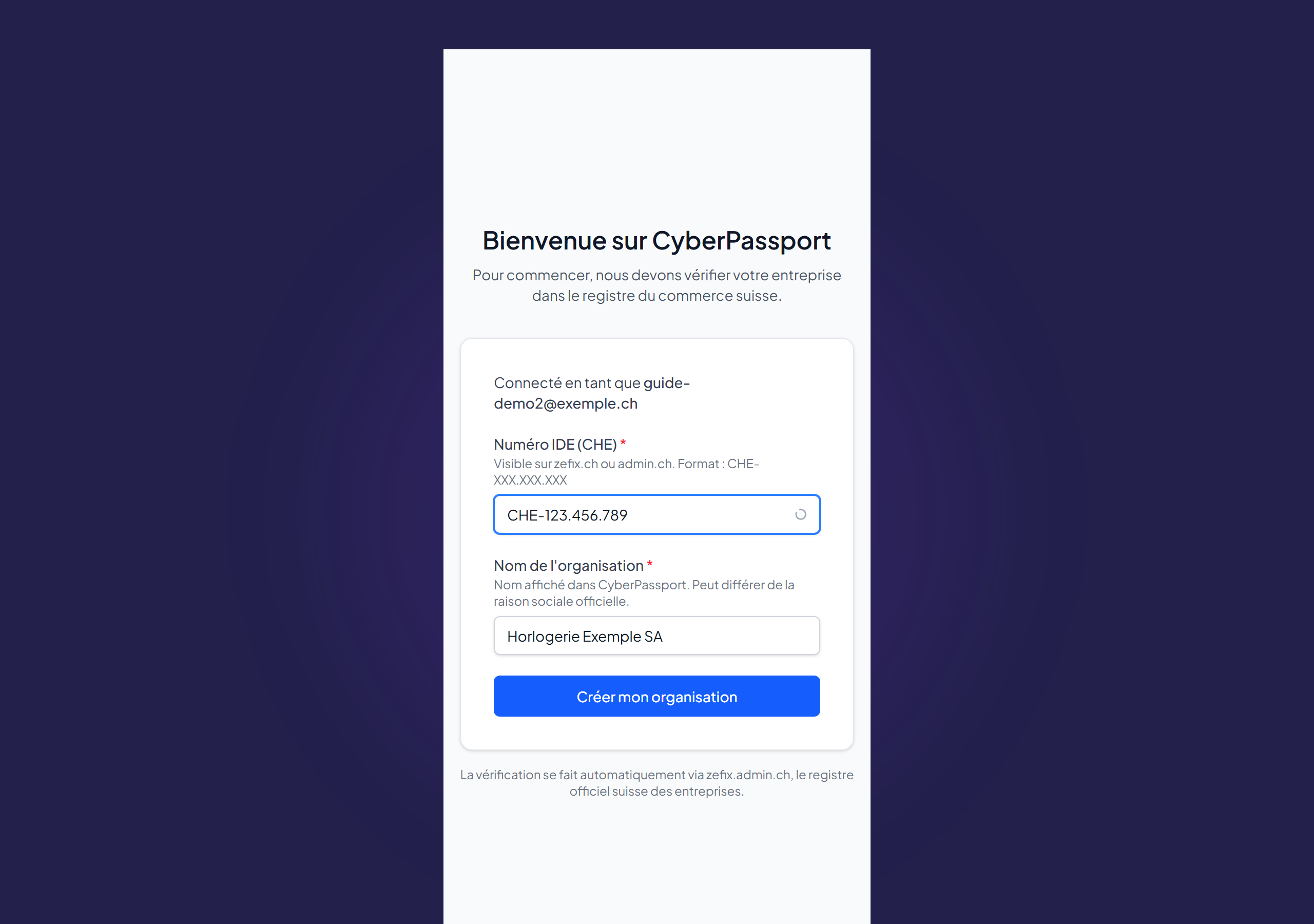 Onboarding-Bildschirm « Willkommen bei CyberPassport » mit den Feldern IDE-Nummer und Name der Organisation