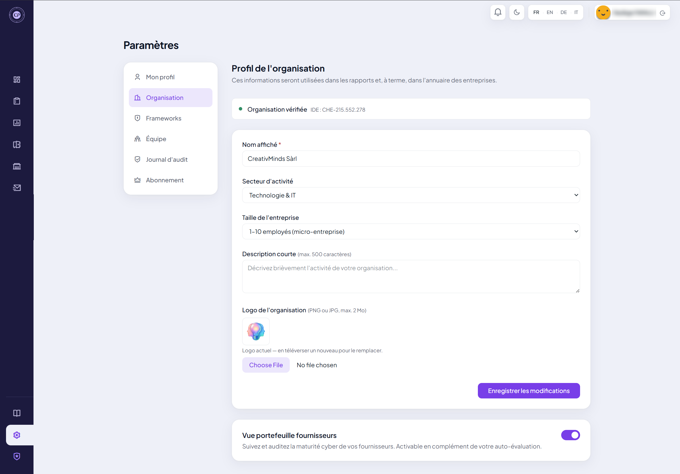 Ausgefülltes Formular des Organisationsprofils