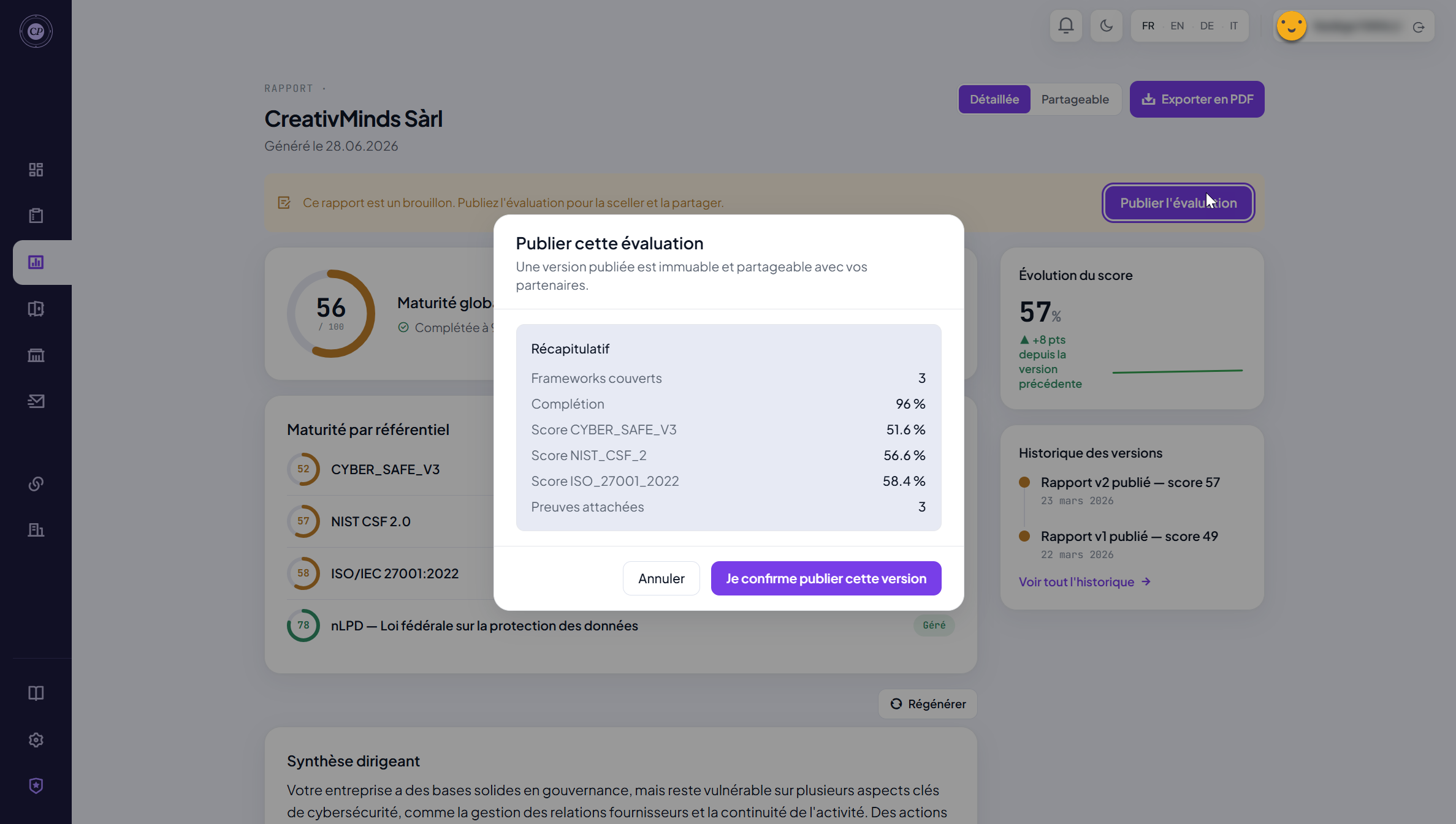 Modal « Diese Bewertung veröffentlichen » mit der Zusammenfassung der Version (Frameworks, Abschluss, Scores, Nachweise)