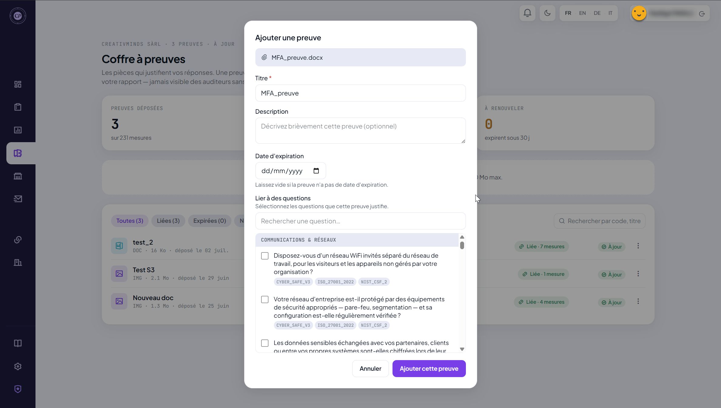 Modal « Neuer Nachweis » : Titel, Datei und Ablaufdatum